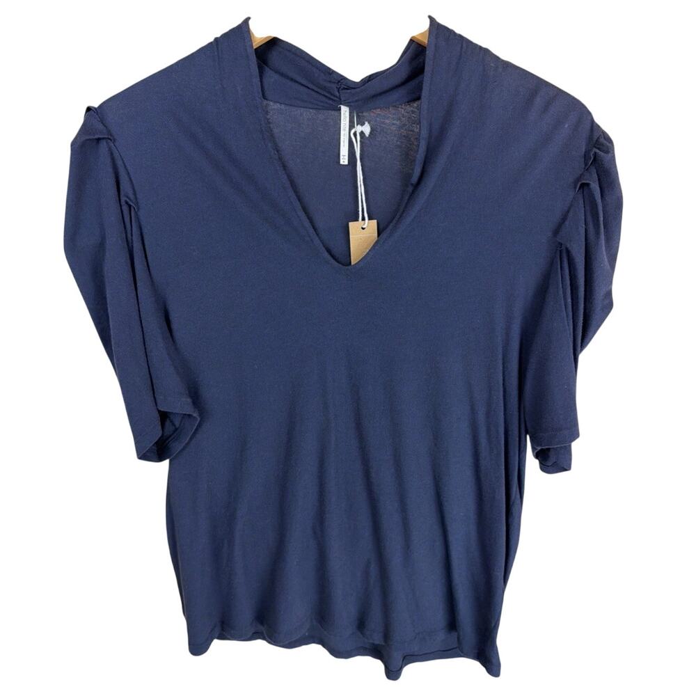 NWT Hello Nite Navy Blue V Neck Ruched Shoulder Short Sleeve Tee Shirt Size XS